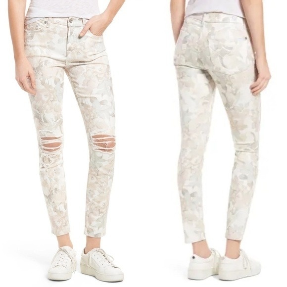 7 For All Mankind Women's Floral Distressed Stretch Denim Skinny Jeans Size 27 - Picture 1 of 12